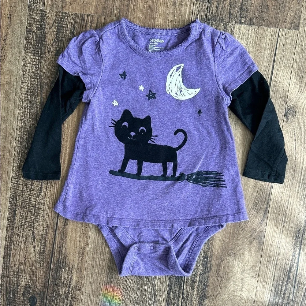 GAP Purple Baby Bodysuit cat on witche’s broom Halloween